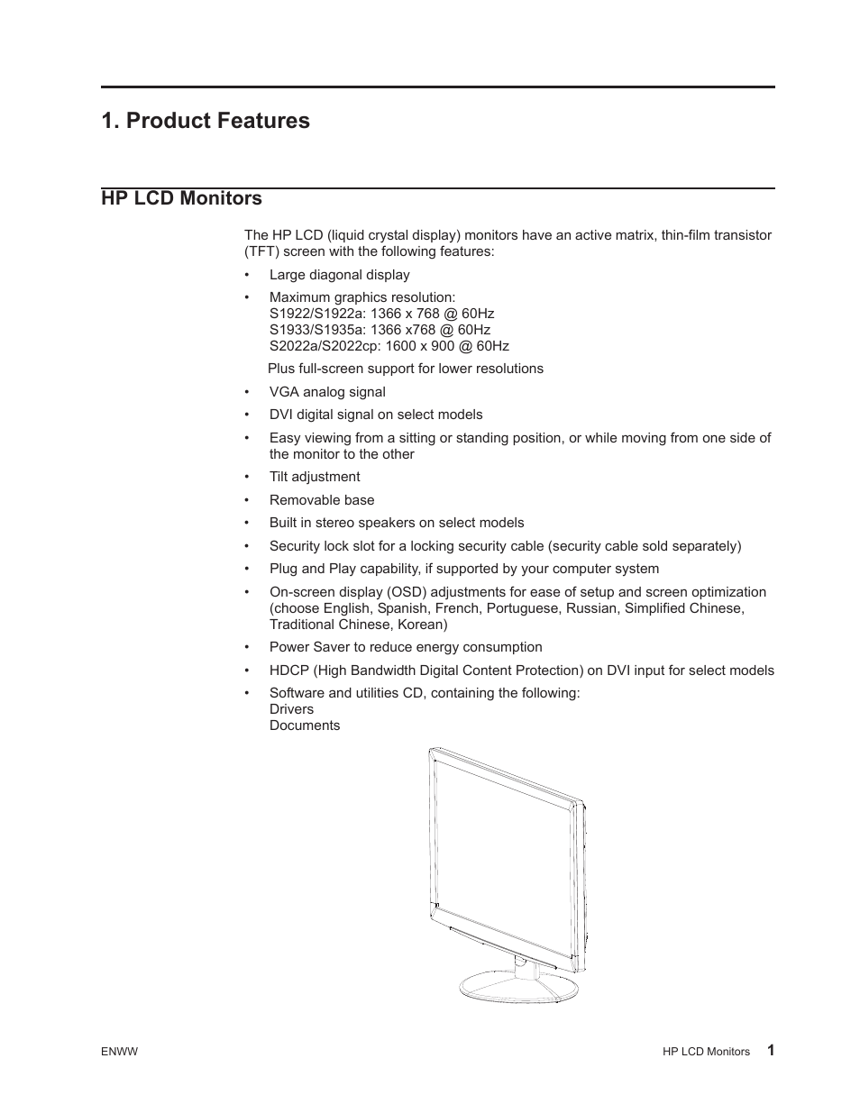 Product features, Hp lcd monitors | HP Compaq S1922 18.5-inch Widescreen LCD Monitor User Manual | Page 7 / 37