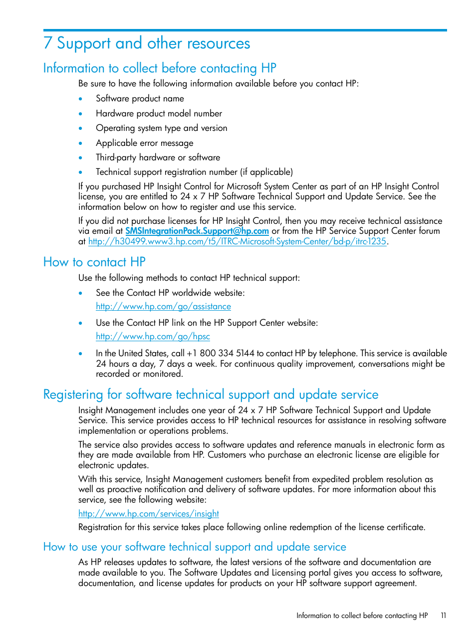 7 support and other resources, Information to collect before contacting hp, How to contact hp | HP OneView for Microsoft System Center User Manual | Page 11 / 17