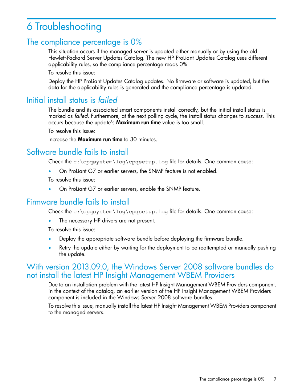 6 troubleshooting, The compliance percentage is 0, Initial install status is failed | Software bundle fails to install, Firmware bundle fails to install | HP OneView for Microsoft System Center User Manual | Page 9 / 17