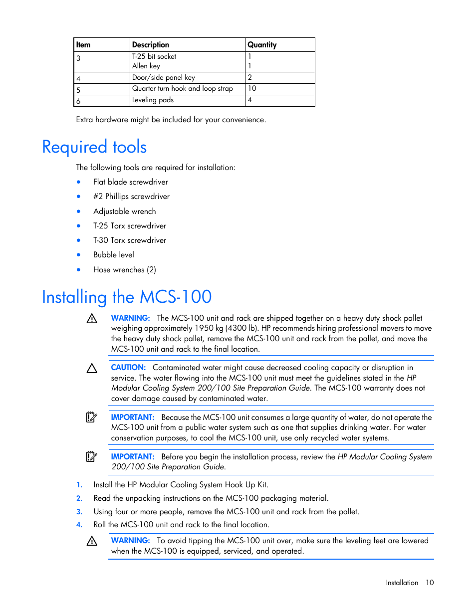 Required tools, Installing the mcs-100 | HP Modular Cooling System User Manual | Page 10 / 73