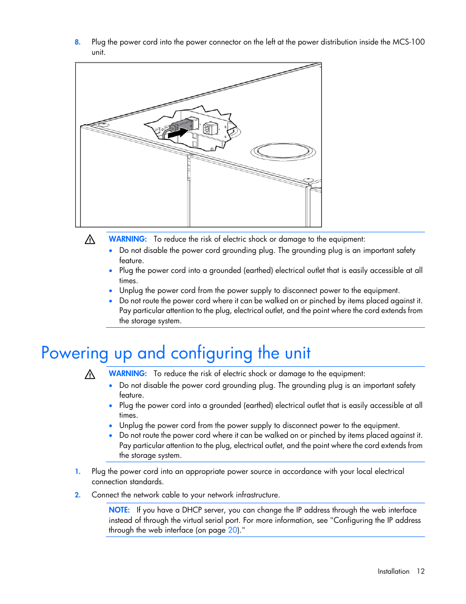 Powering up and configuring the unit | HP Modular Cooling System User Manual | Page 12 / 73