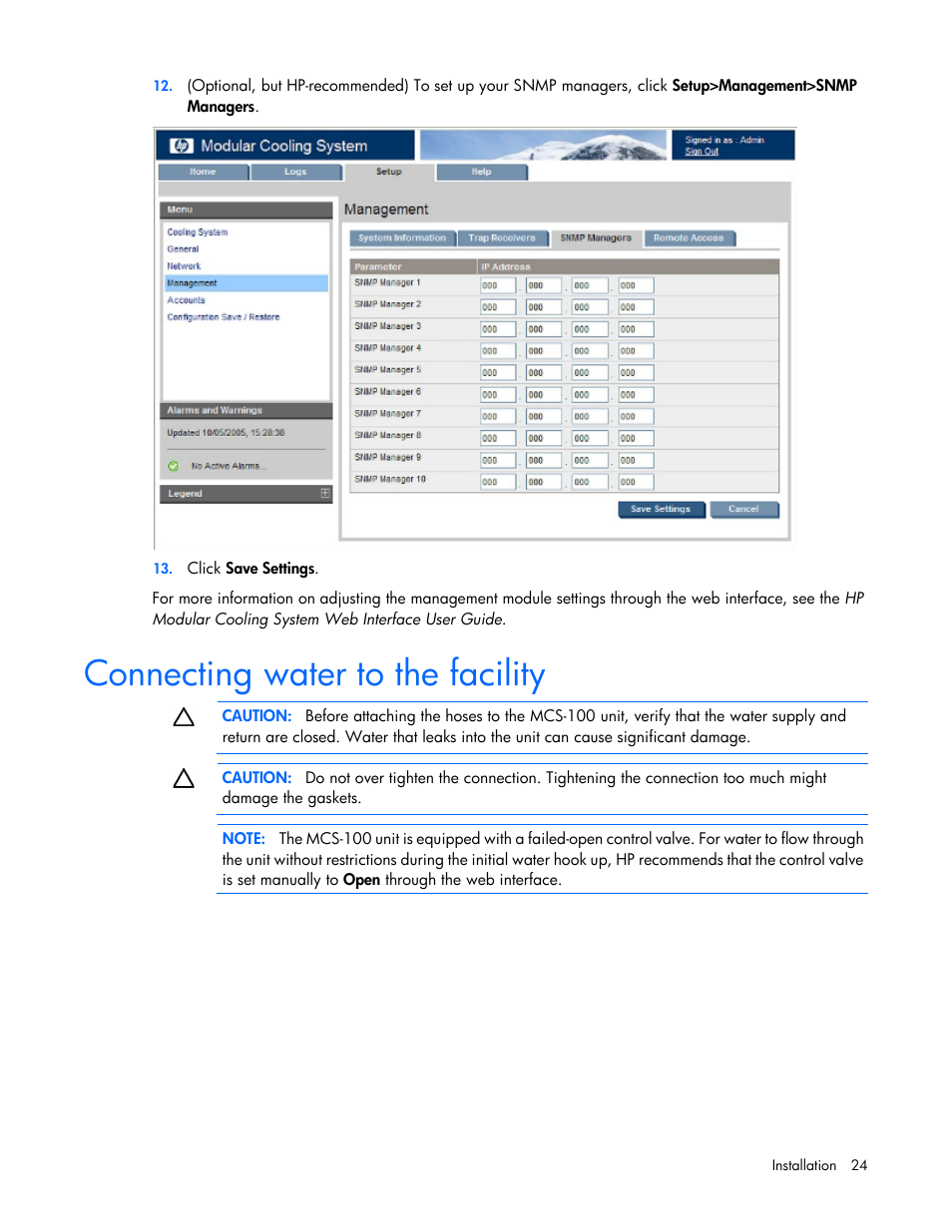 Connecting water to the facility | HP Modular Cooling System User Manual | Page 24 / 73