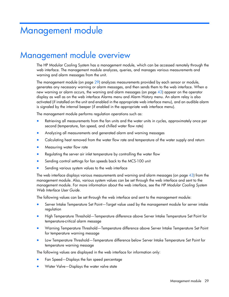 Management module, Management module overview | HP Modular Cooling System User Manual | Page 29 / 73