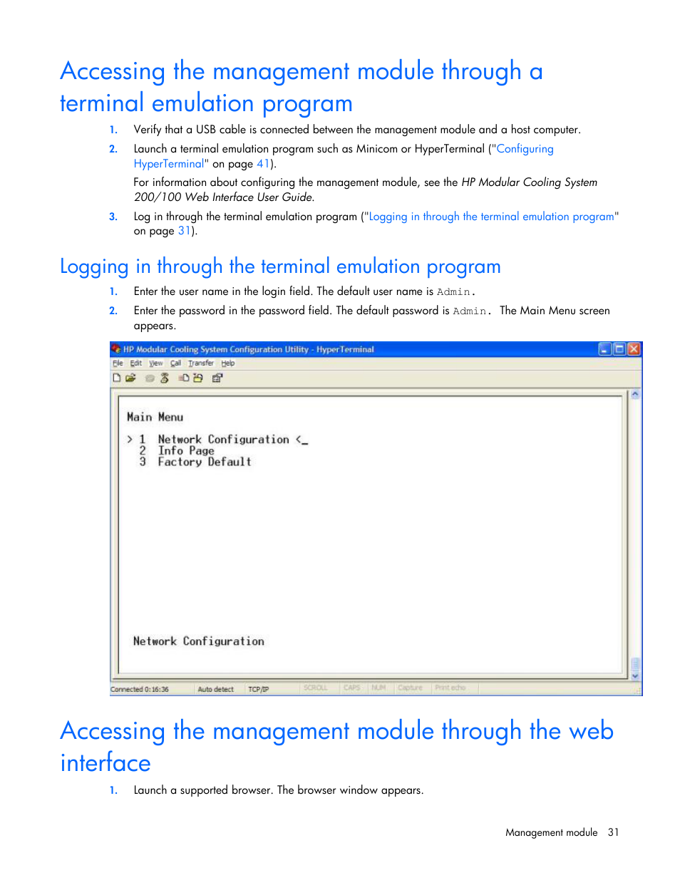 Logging in through the terminal emulation program | HP Modular Cooling System User Manual | Page 31 / 73