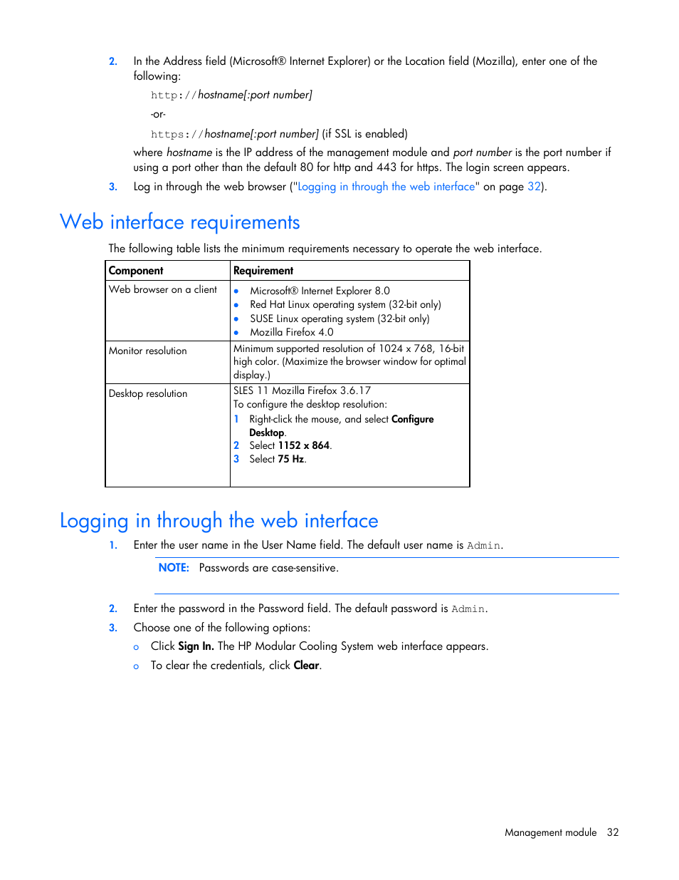 Web interface requirements, Logging in through the web interface | HP Modular Cooling System User Manual | Page 32 / 73