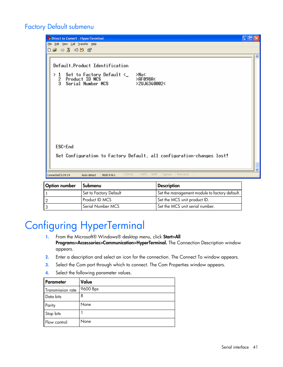 Factory default submenu, Configuring hyperterminal, Configuring | Hyperterminal | HP Modular Cooling System User Manual | Page 41 / 73