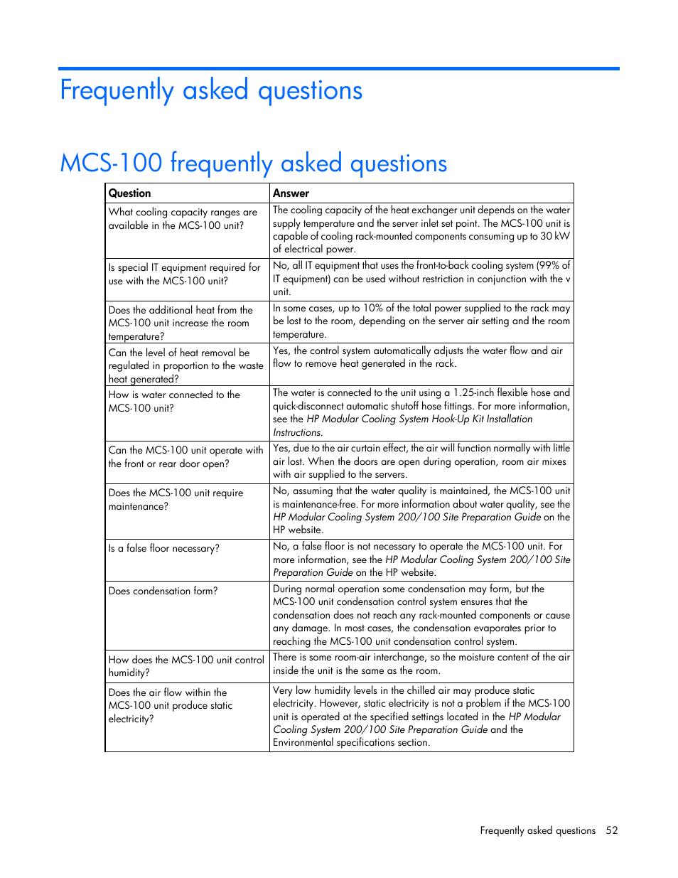 Frequently asked questions, Mcs-100 frequently asked questions | HP Modular Cooling System User Manual | Page 52 / 73