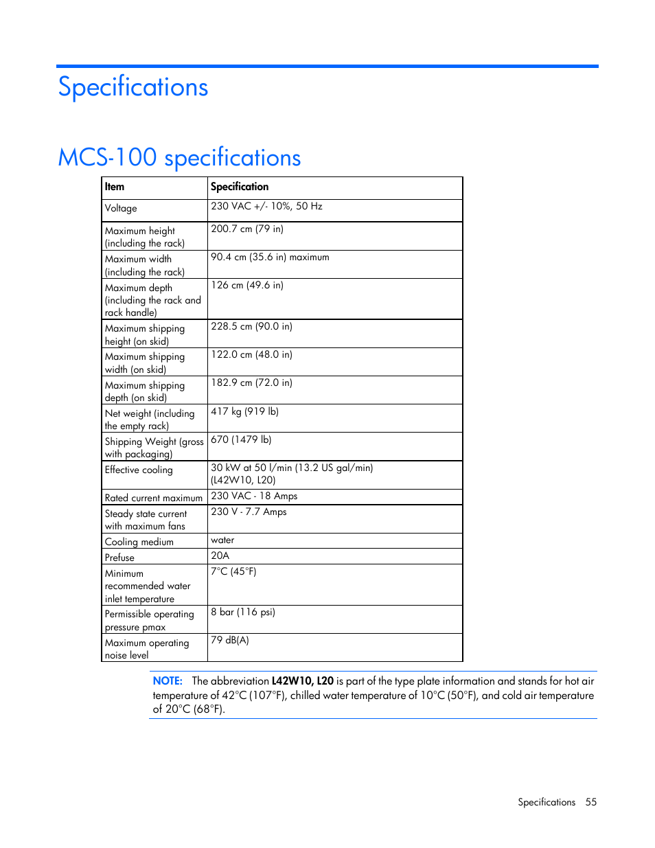 Specifications, Mcs-100 specifications | HP Modular Cooling System User Manual | Page 55 / 73