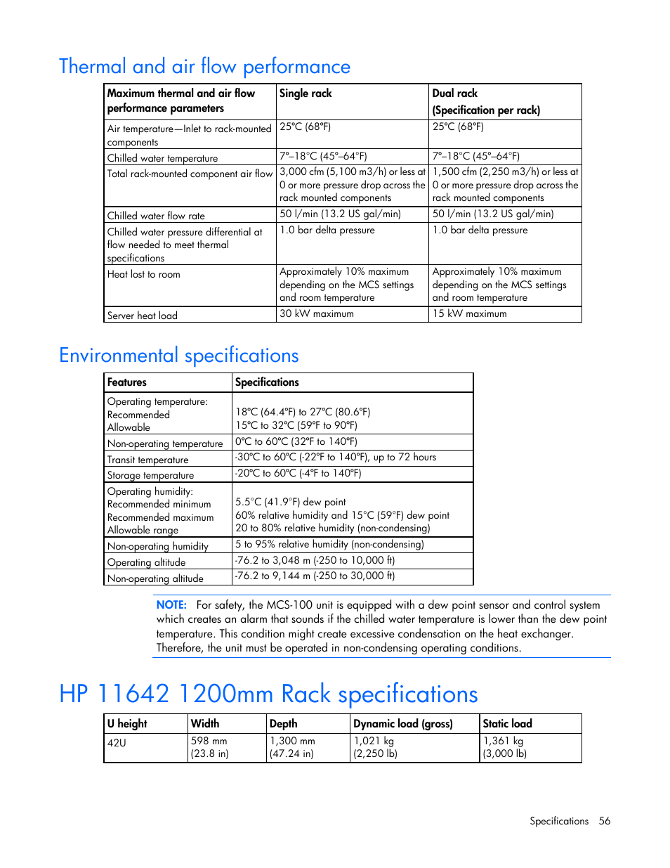 Thermal and air flow performance, Environmental specifications, Hp 11642 1200mm rack specifications | HP Modular Cooling System User Manual | Page 56 / 73