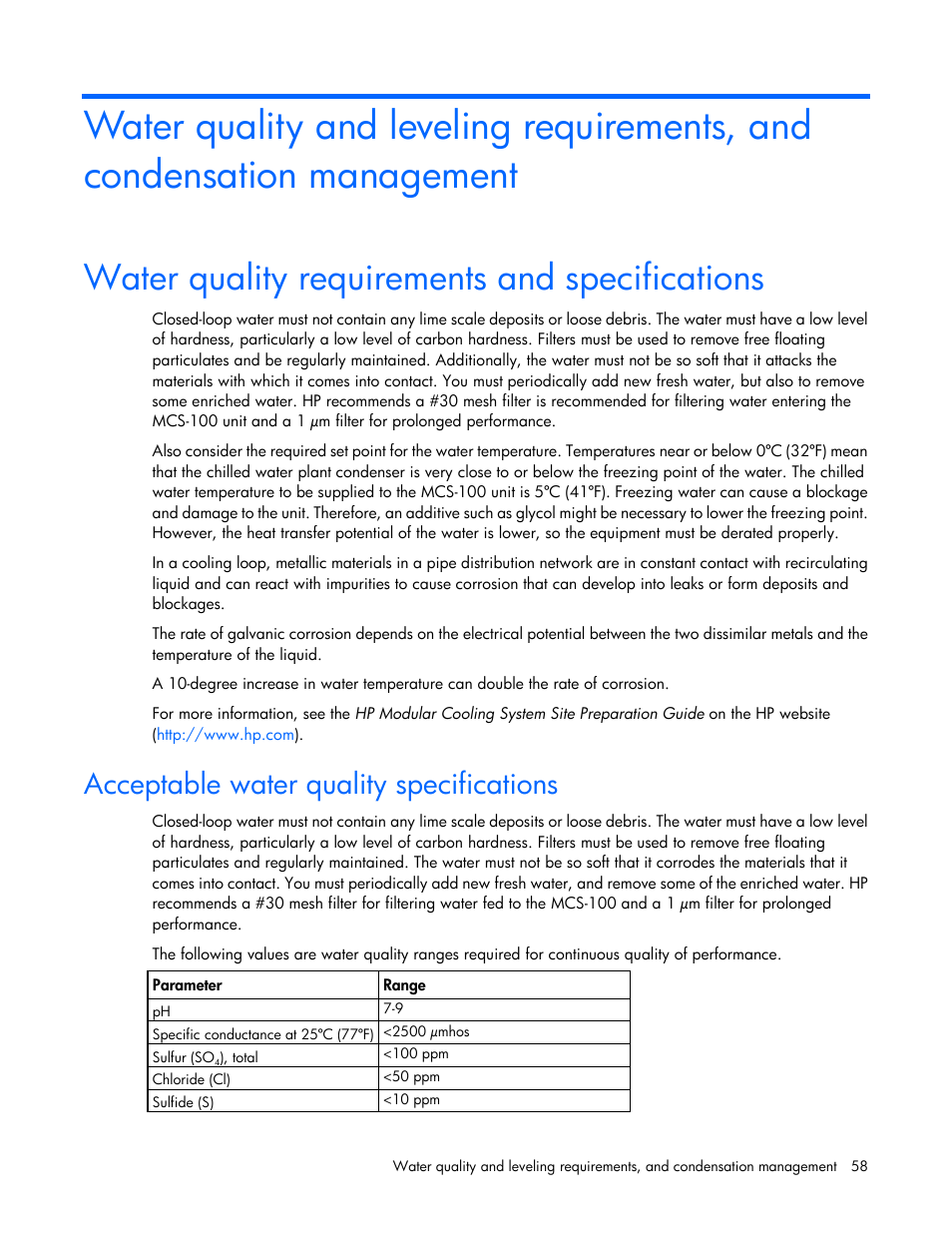 Water quality requirements and specifications, Acceptable water quality specifications | HP Modular Cooling System User Manual | Page 58 / 73