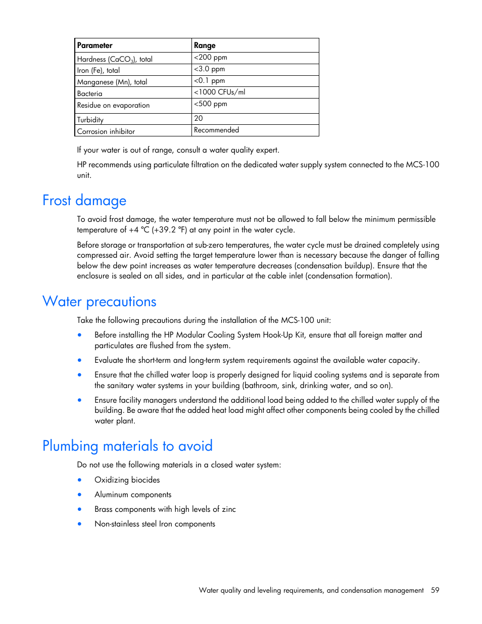 Frost damage, Water precautions, Plumbing materials to avoid | HP Modular Cooling System User Manual | Page 59 / 73