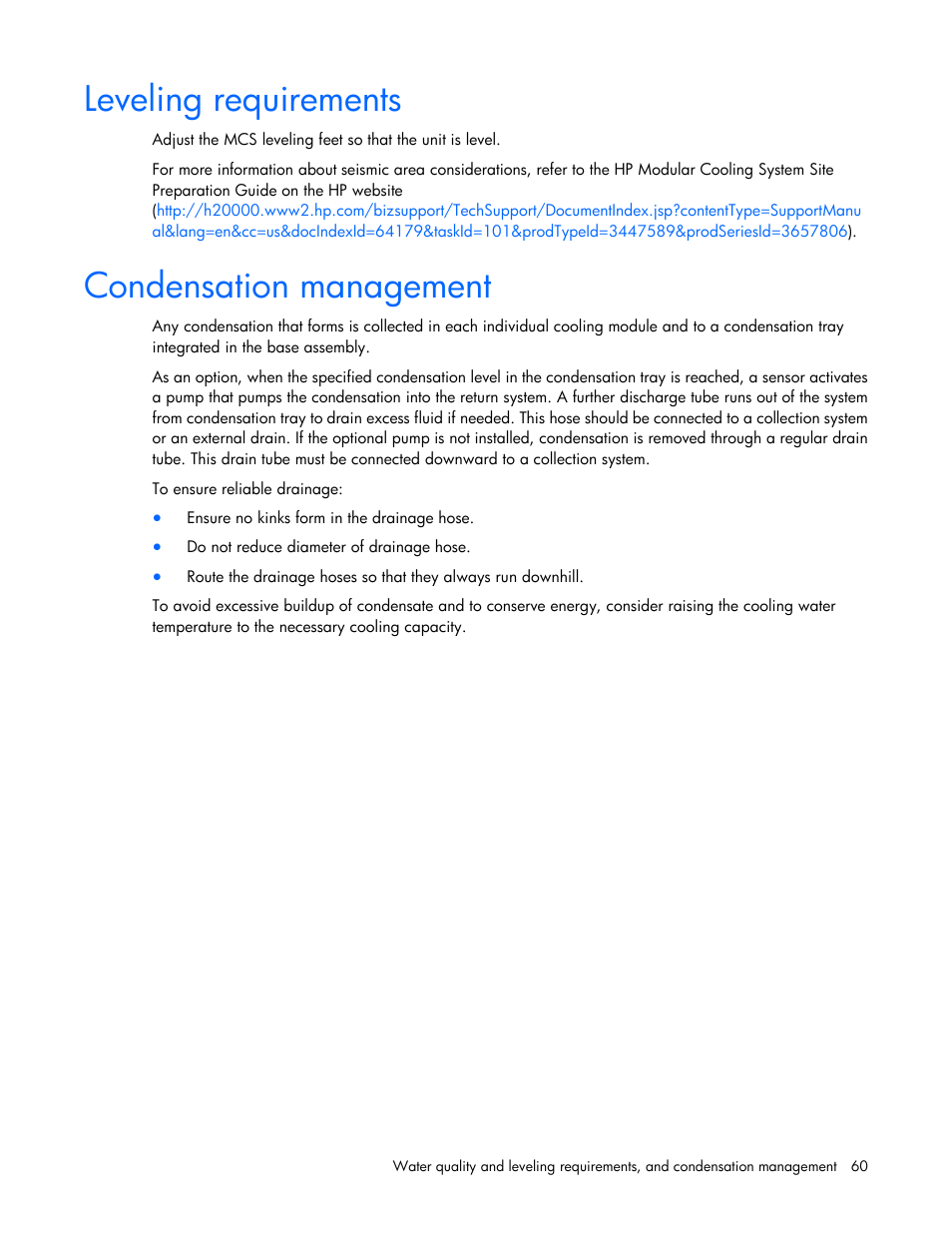 Leveling requirements, Condensation management | HP Modular Cooling System User Manual | Page 60 / 73