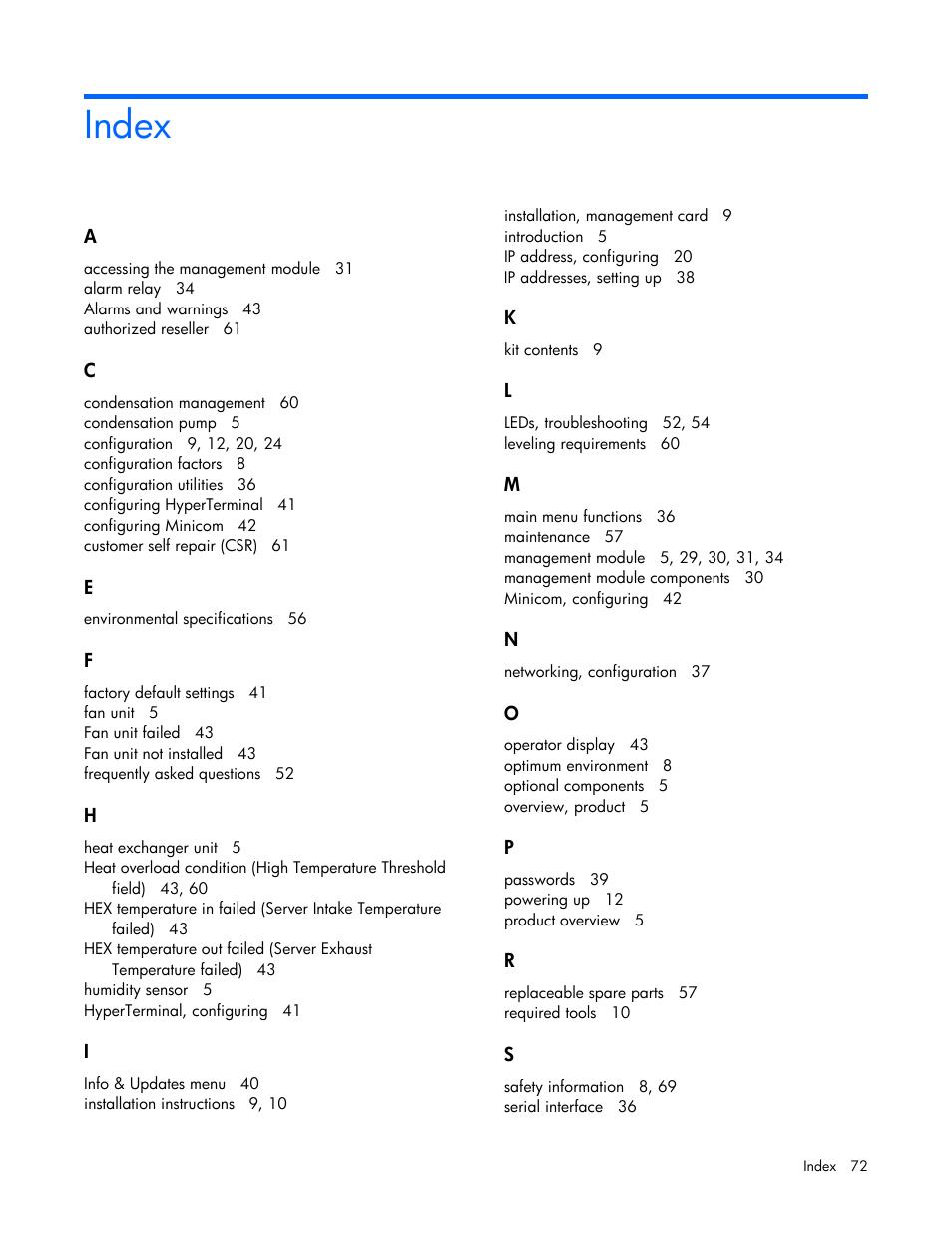 Index | HP Modular Cooling System User Manual | Page 72 / 73