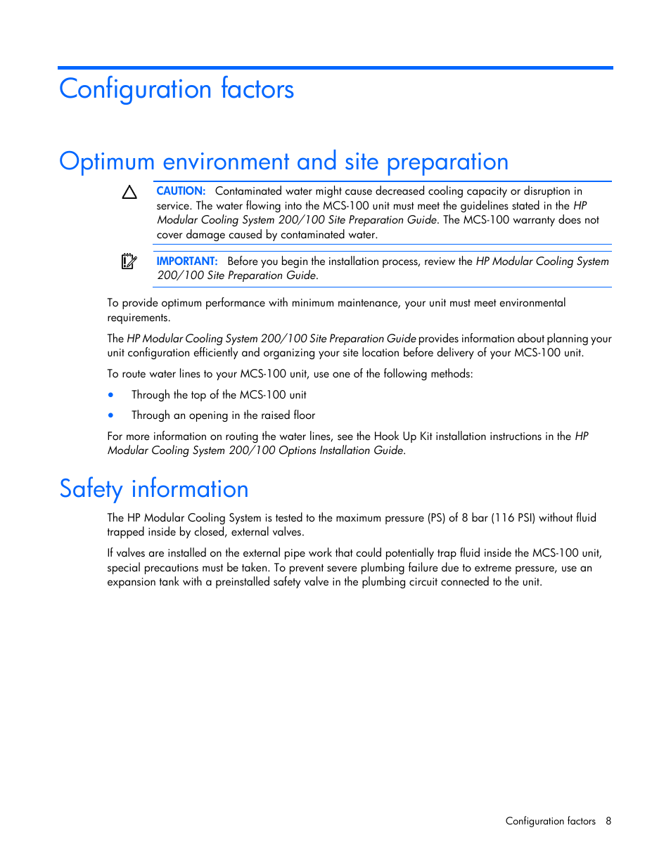 Configuration factors, Optimum environment and site preparation, Safety information | HP Modular Cooling System User Manual | Page 8 / 73