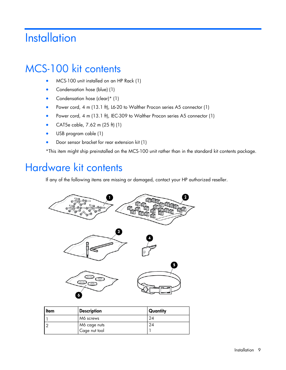 Installation, Mcs-100 kit contents, Hardware kit contents | HP Modular Cooling System User Manual | Page 9 / 73