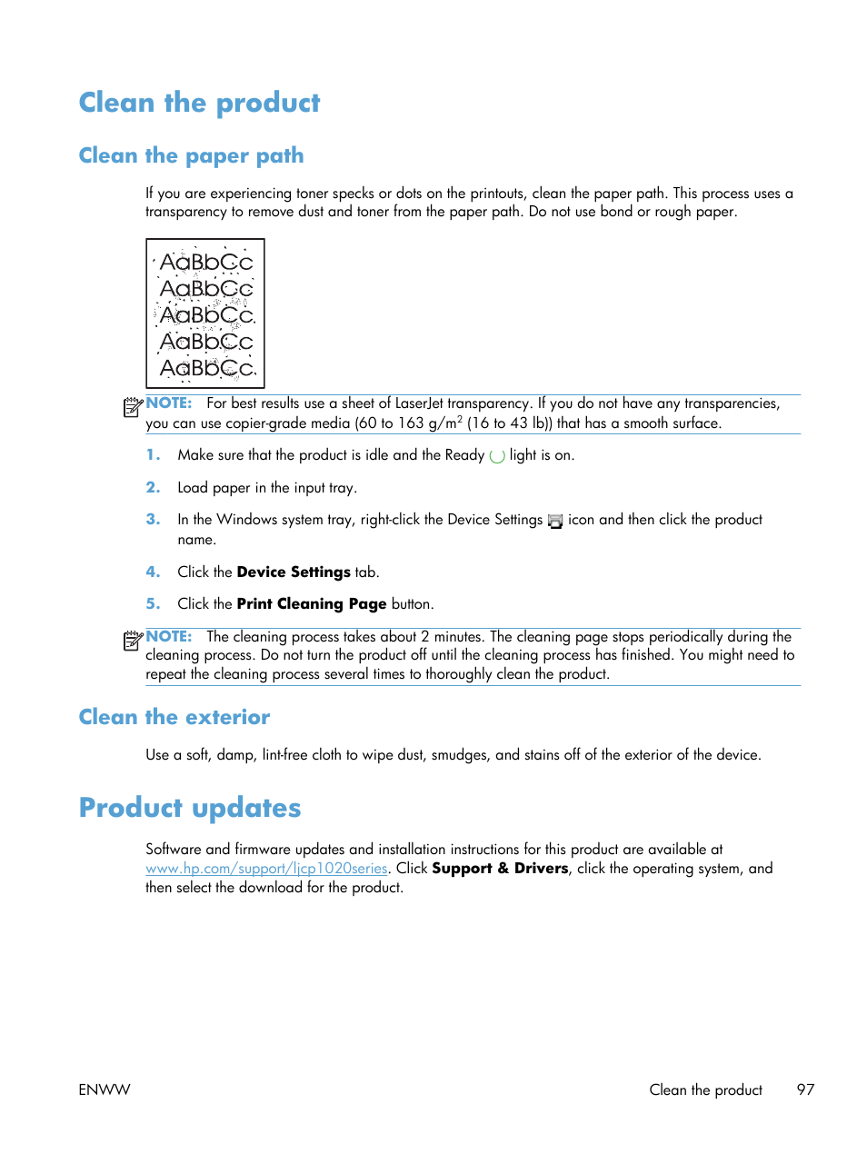 Clean the product, Clean the paper path, Clean the exterior | Product updates | HP LaserJet Pro CP1025nw Color Printer User Manual | Page 109 / 186