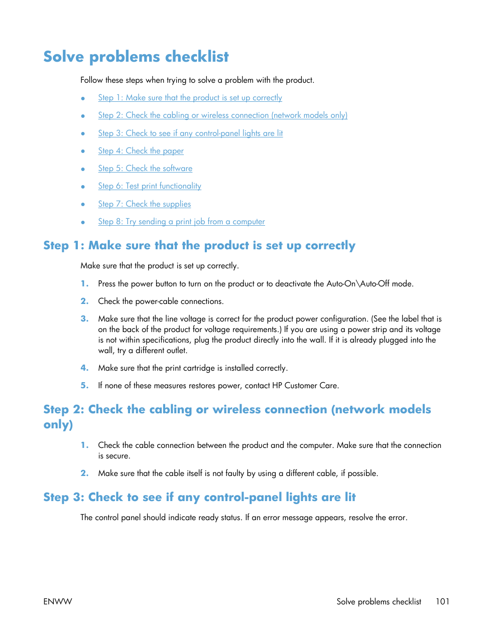 Solve problems checklist | HP LaserJet Pro CP1025nw Color Printer User Manual | Page 113 / 186