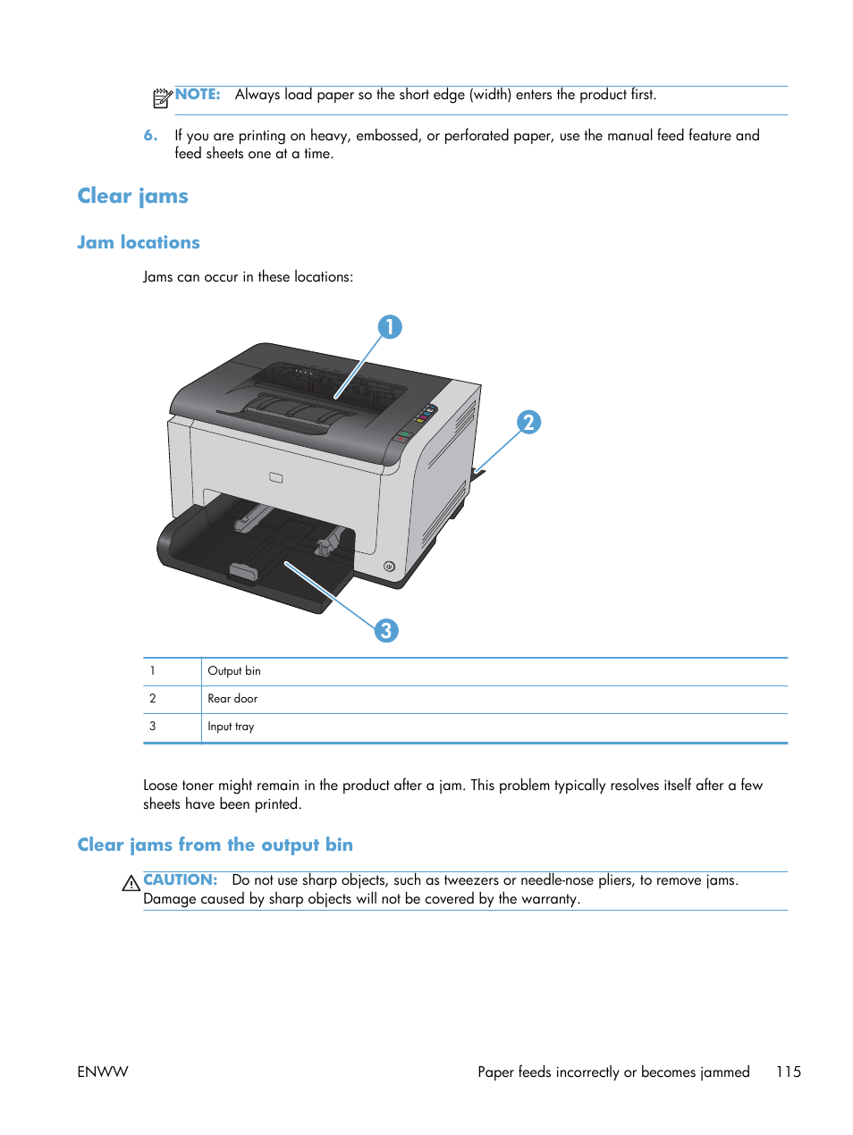 Clear jams, Jam locations, Clear jams from the output bin | HP LaserJet Pro CP1025nw Color Printer User Manual | Page 127 / 186