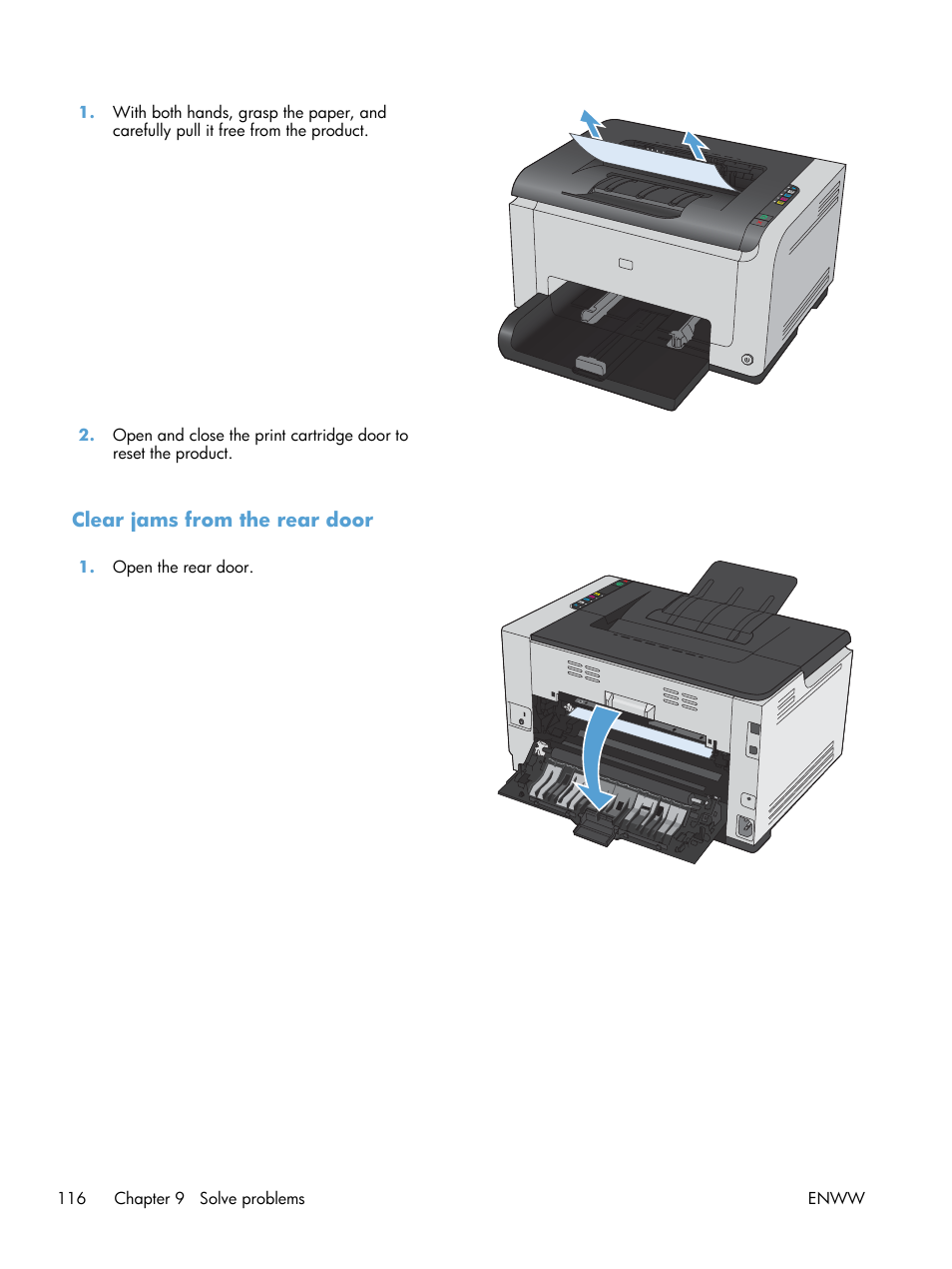 Clear jams from the rear door | HP LaserJet Pro CP1025nw Color Printer User Manual | Page 128 / 186