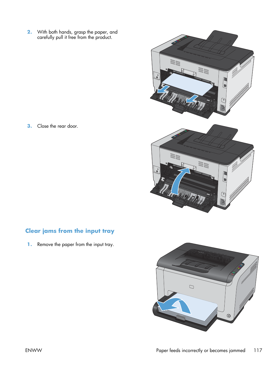 Clear jams from the input tray | HP LaserJet Pro CP1025nw Color Printer User Manual | Page 129 / 186