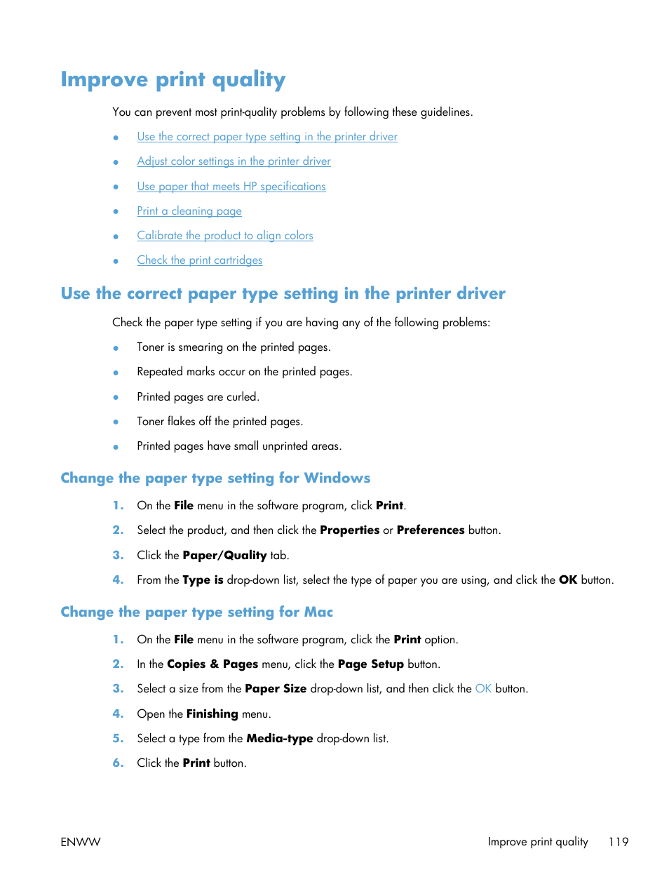 Improve print quality, Change the paper type setting for windows, Change the paper type setting for mac | HP LaserJet Pro CP1025nw Color Printer User Manual | Page 131 / 186