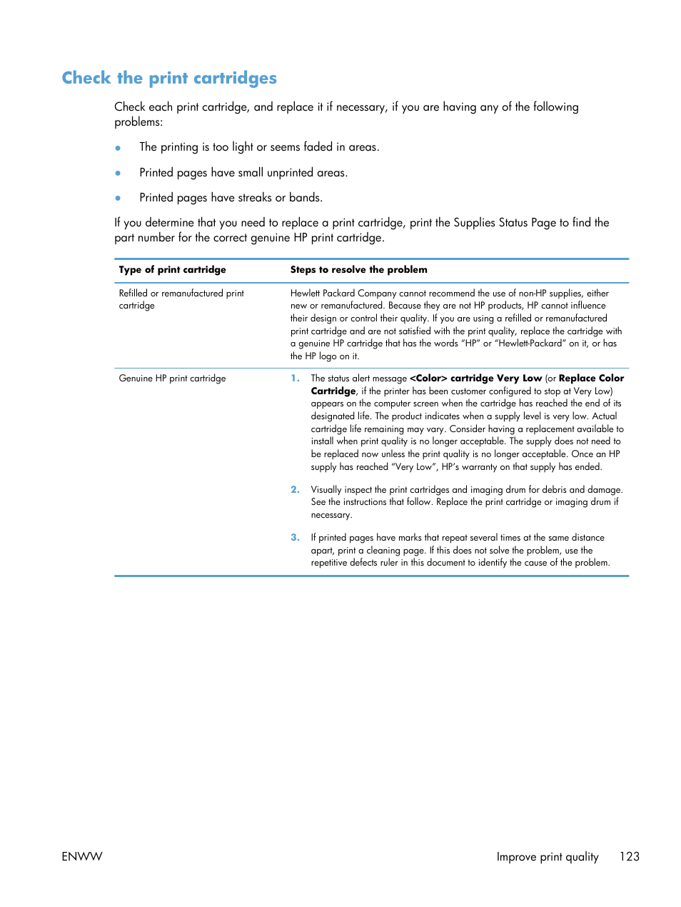 Check the print cartridges | HP LaserJet Pro CP1025nw Color Printer User Manual | Page 135 / 186