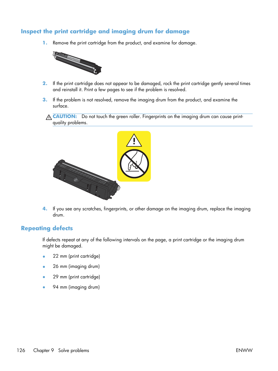 Repeating defects | HP LaserJet Pro CP1025nw Color Printer User Manual | Page 138 / 186