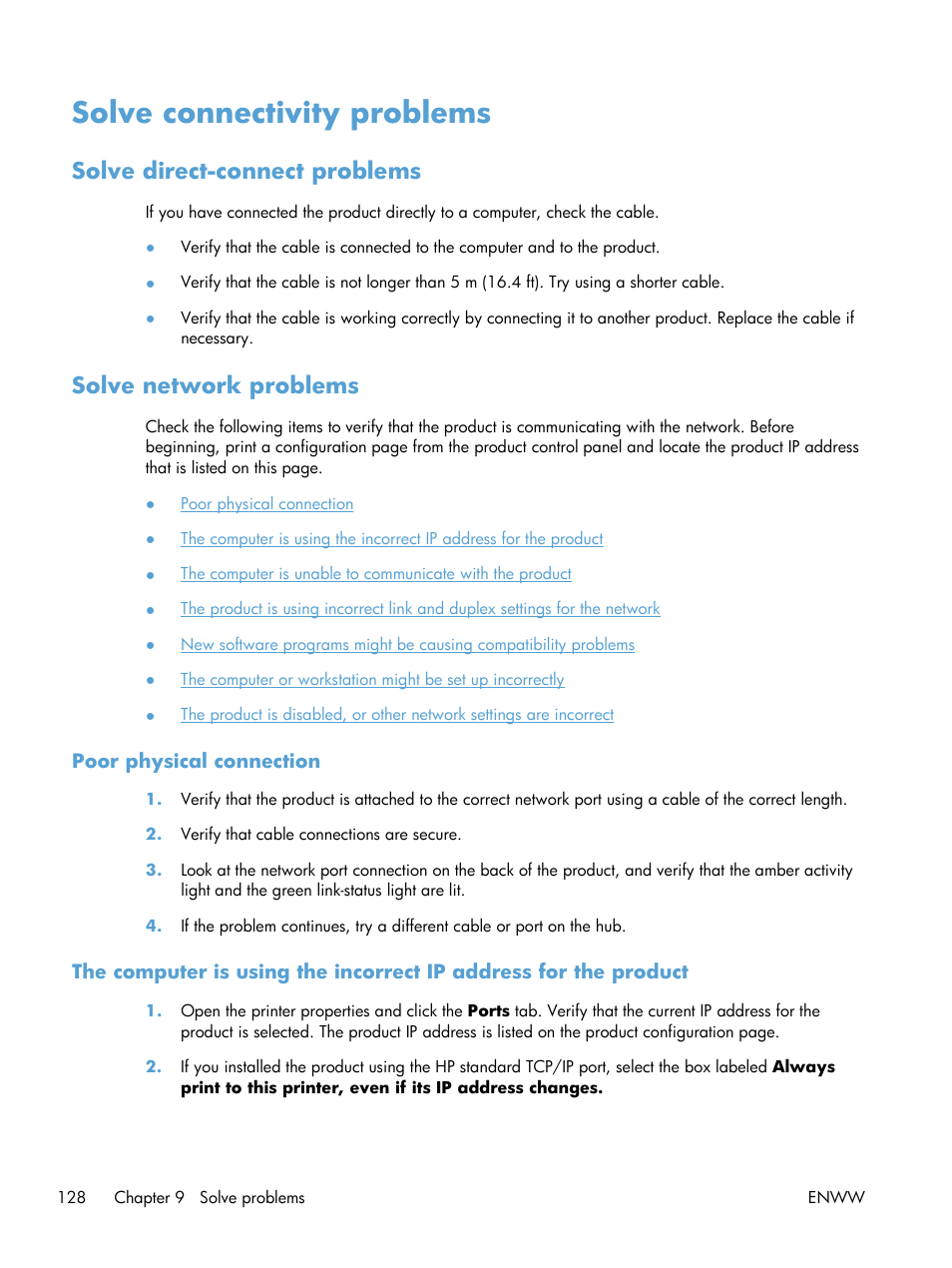 Solve connectivity problems, Solve direct-connect problems, Solve network problems | Poor physical connection | HP LaserJet Pro CP1025nw Color Printer User Manual | Page 140 / 186