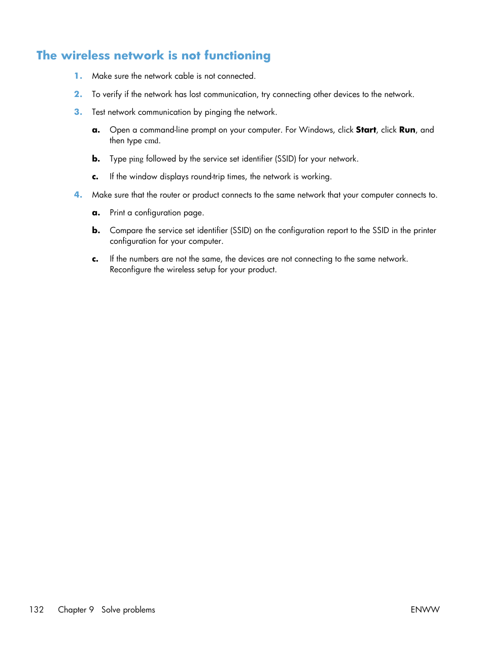 The wireless network is not functioning | HP LaserJet Pro CP1025nw Color Printer User Manual | Page 144 / 186