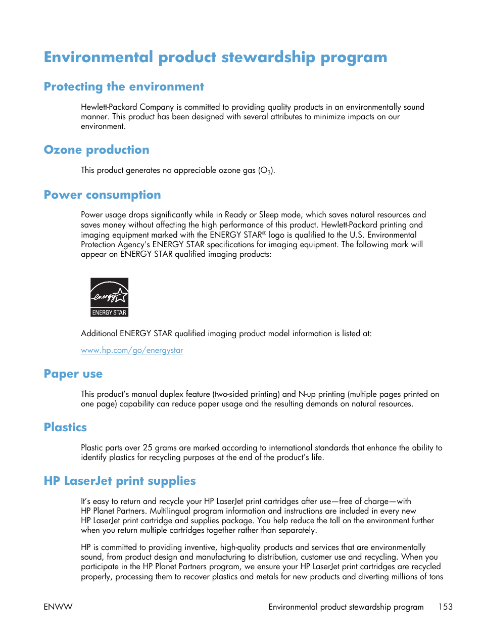 Environmental product stewardship program, Protecting the environment, Ozone production | Power consumption, Paper use, Plastics, Hp laserjet print supplies | HP LaserJet Pro CP1025nw Color Printer User Manual | Page 165 / 186