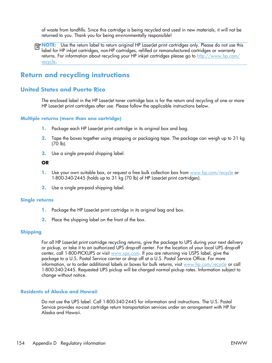 Return and recycling instructions, United states and puerto rico, Multiple returns (more than one cartridge) | Single returns, Shipping, Residents of alaska and hawaii | HP LaserJet Pro CP1025nw Color Printer User Manual | Page 166 / 186