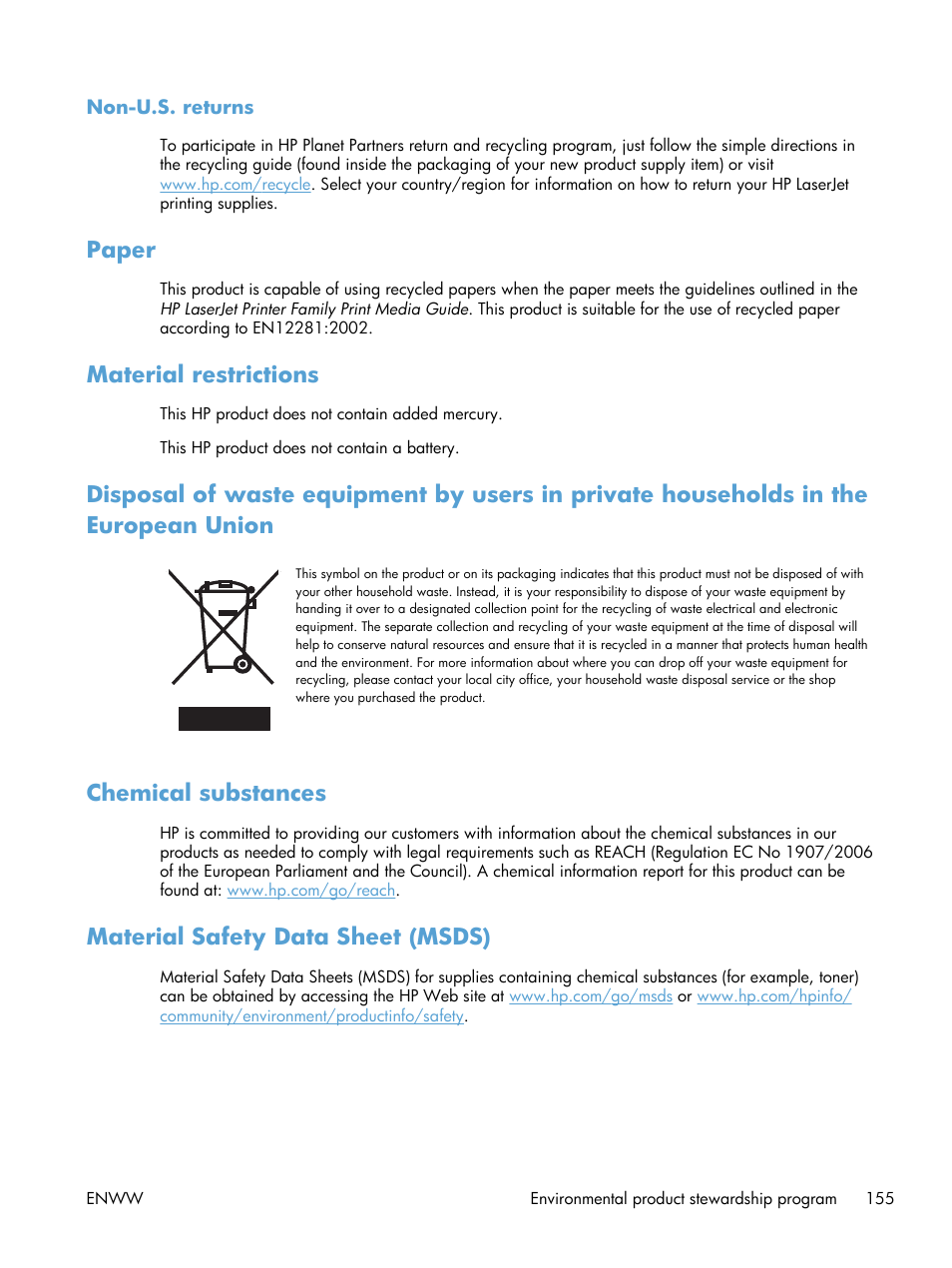 Non-u.s. returns, Paper, Material restrictions | Chemical substances, Material safety data sheet (msds) | HP LaserJet Pro CP1025nw Color Printer User Manual | Page 167 / 186