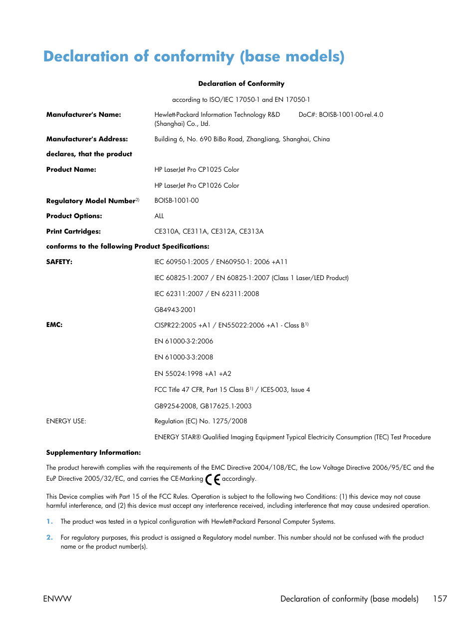 Declaration of conformity (base models), Enww declaration of conformity (base models) 157 | HP LaserJet Pro CP1025nw Color Printer User Manual | Page 169 / 186