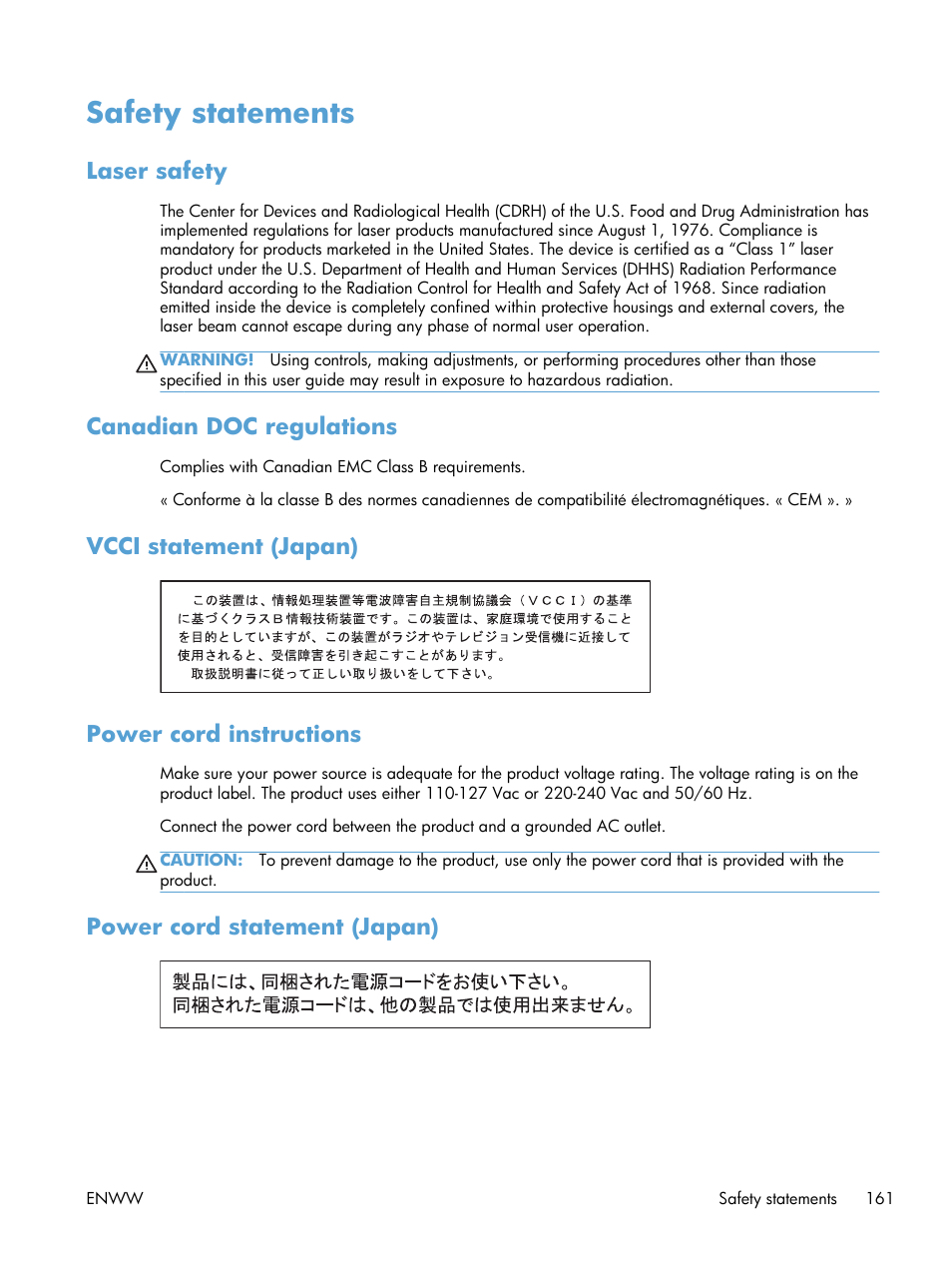 Safety statements, Laser safety, Canadian doc regulations | Vcci statement (japan), Power cord instructions, Power cord statement (japan), Vcci statement (japan) power cord instructions | HP LaserJet Pro CP1025nw Color Printer User Manual | Page 173 / 186