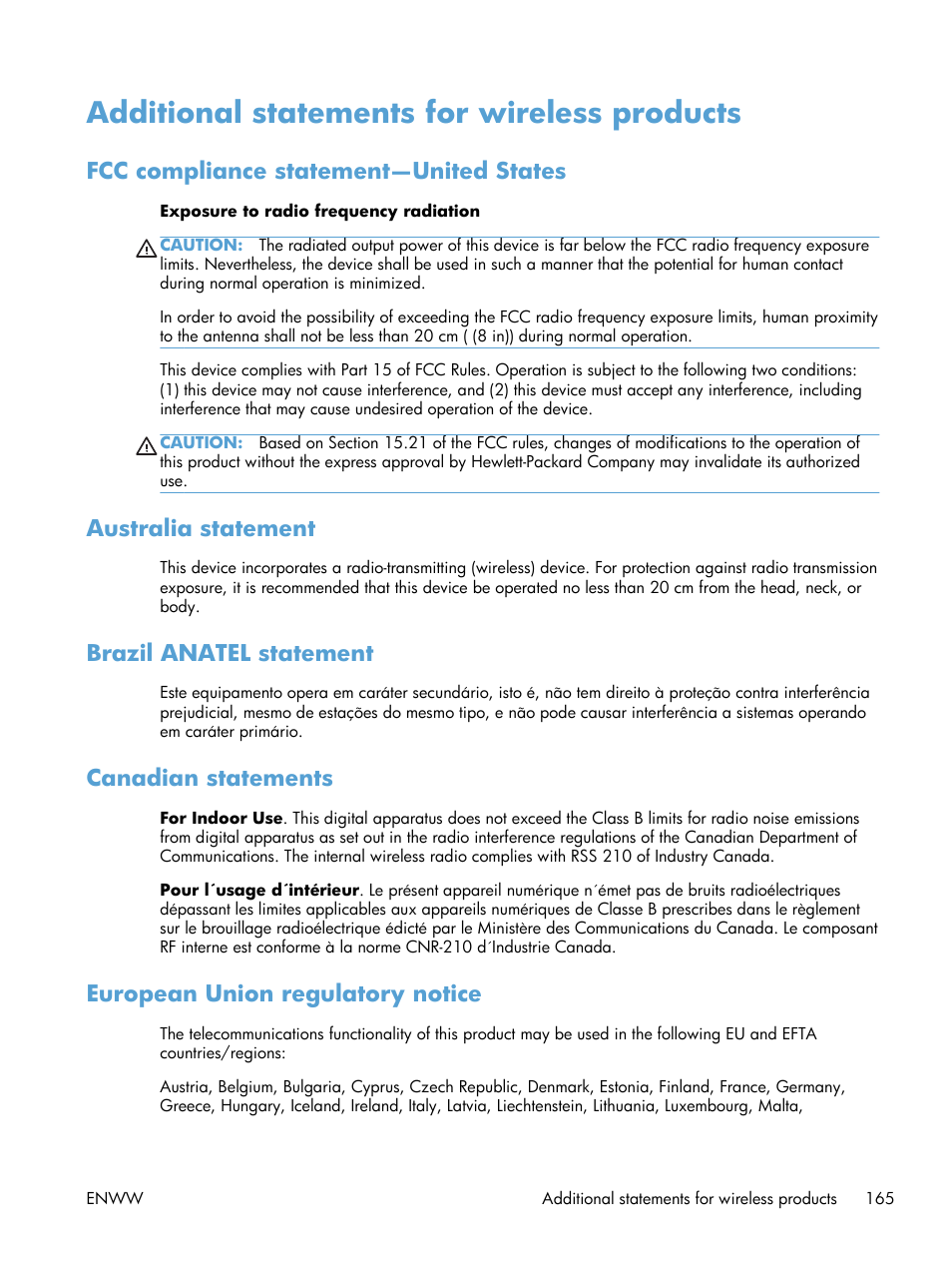 Additional statements for wireless products, Fcc compliance statement—united states, Australia statement | Brazil anatel statement, Canadian statements, European union regulatory notice | HP LaserJet Pro CP1025nw Color Printer User Manual | Page 177 / 186