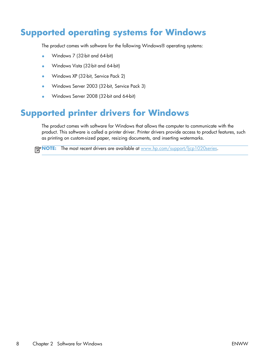 Supported operating systems for windows, Supported printer drivers for windows | HP LaserJet Pro CP1025nw Color Printer User Manual | Page 20 / 186