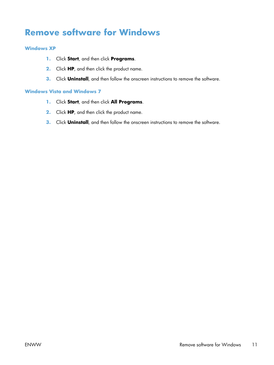 Remove software for windows | HP LaserJet Pro CP1025nw Color Printer User Manual | Page 23 / 186