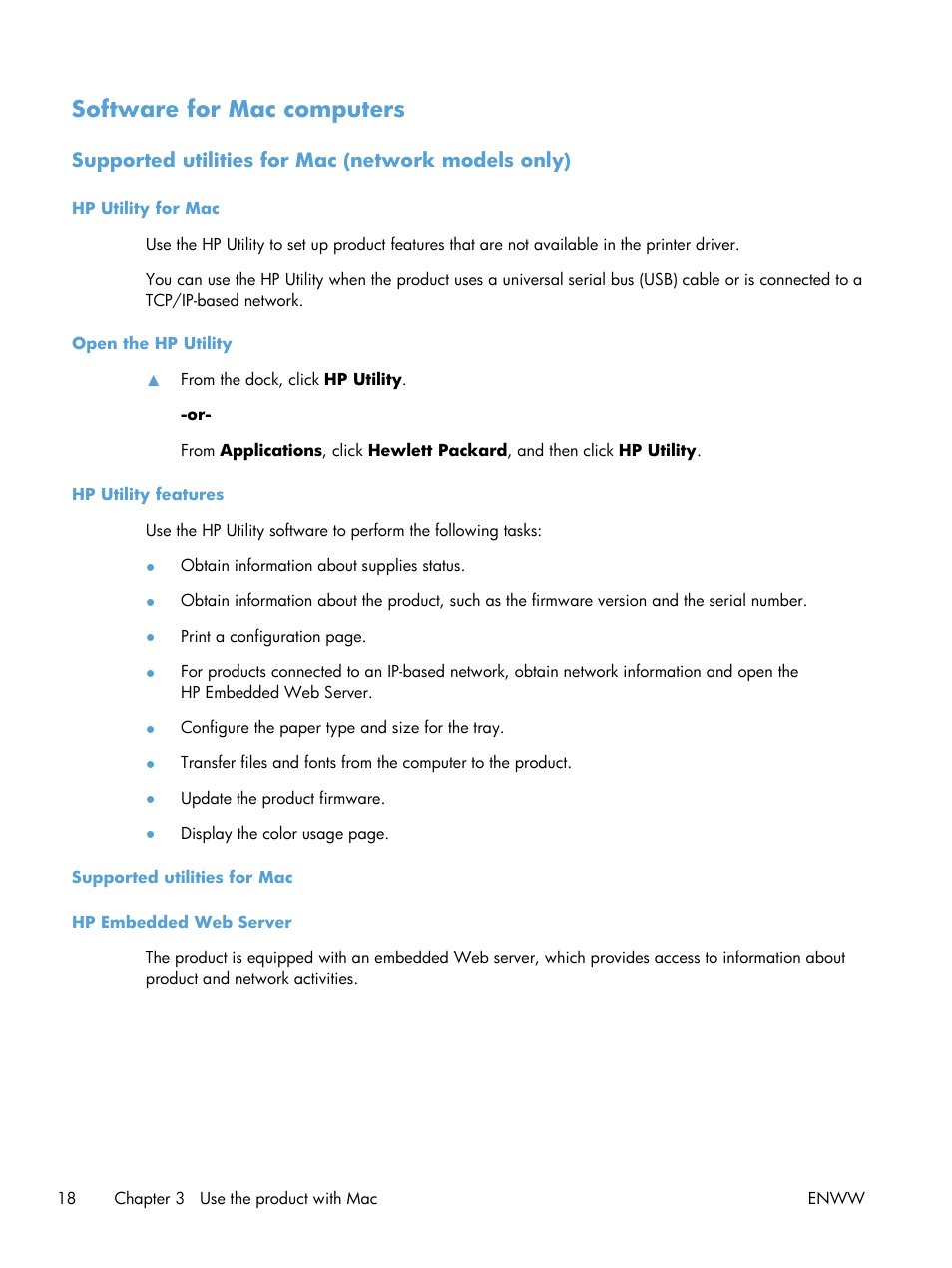 Software for mac computers, Supported utilities for mac (network models only), Hp utility for mac | Open the hp utility, Hp utility features, Supported utilities for mac, Hp embedded web server | HP LaserJet Pro CP1025nw Color Printer User Manual | Page 30 / 186