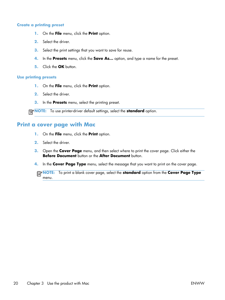 Print a cover page with mac | HP LaserJet Pro CP1025nw Color Printer User Manual | Page 32 / 186