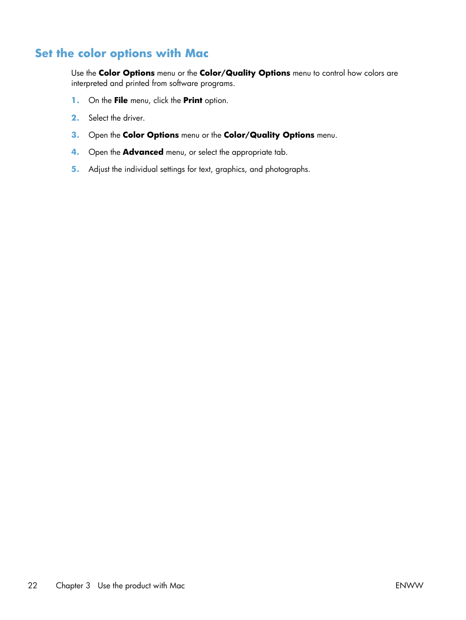 Set the color options with mac | HP LaserJet Pro CP1025nw Color Printer User Manual | Page 34 / 186