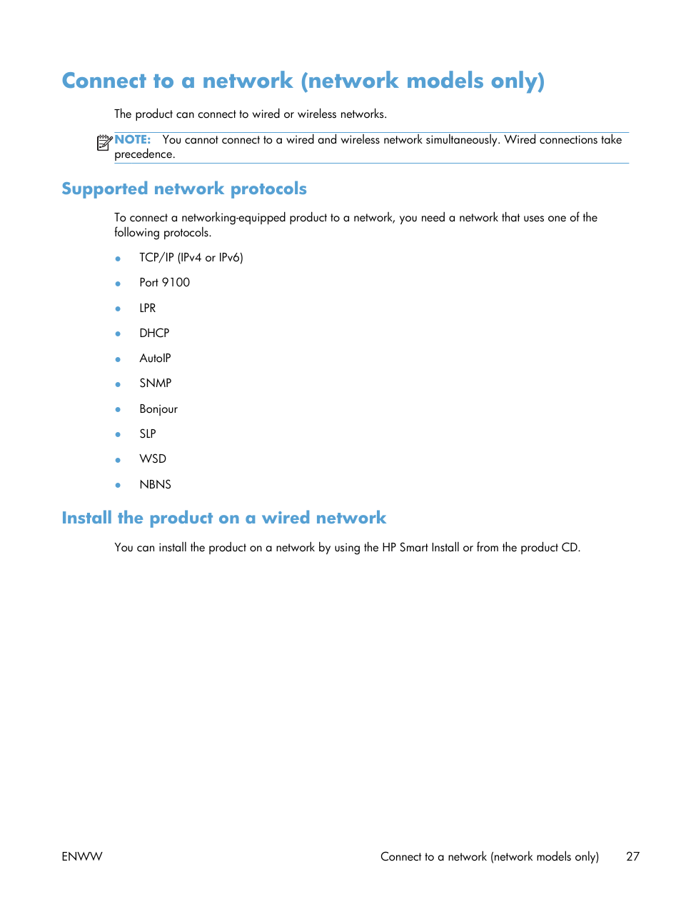 Connect to a network (network models only), Supported network protocols, Install the product on a wired network | HP LaserJet Pro CP1025nw Color Printer User Manual | Page 39 / 186