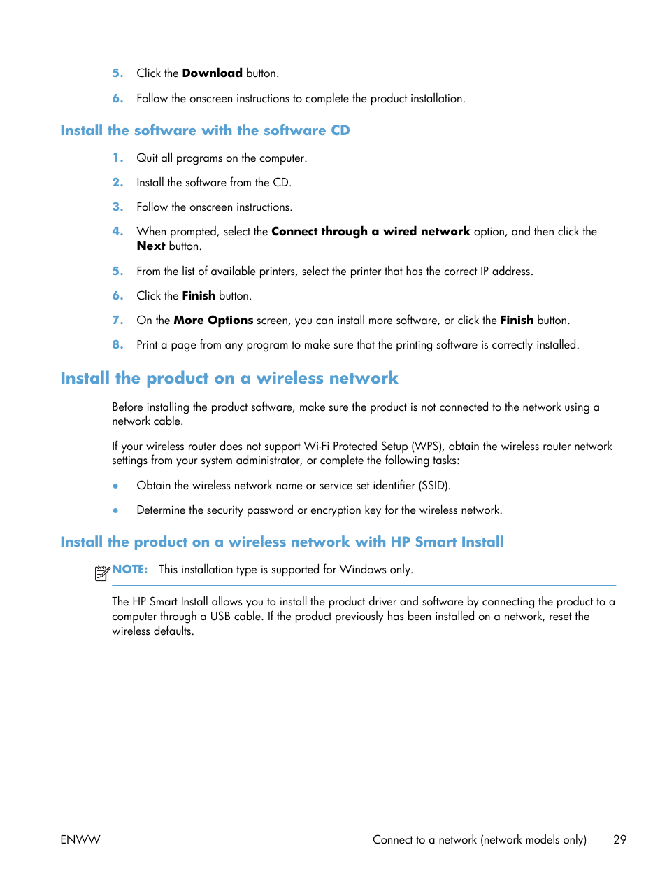 Install the software with the software cd, Install the product on a wireless network | HP LaserJet Pro CP1025nw Color Printer User Manual | Page 41 / 186