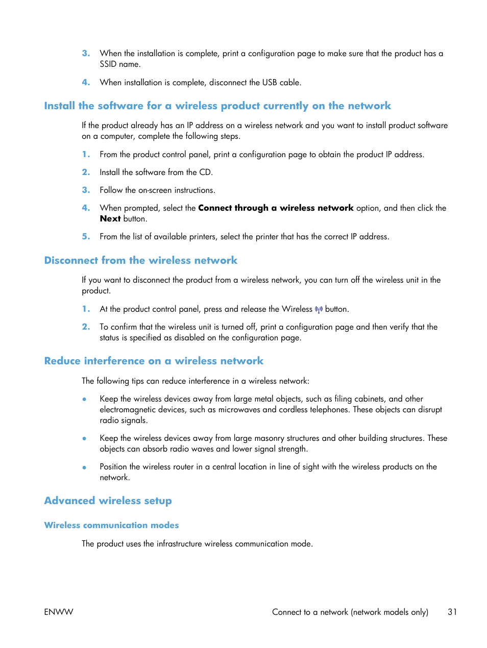 Disconnect from the wireless network, Reduce interference on a wireless network, Advanced wireless setup | Wireless communication modes | HP LaserJet Pro CP1025nw Color Printer User Manual | Page 43 / 186