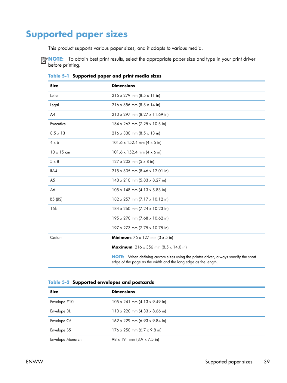 Supported paper sizes | HP LaserJet Pro CP1025nw Color Printer User Manual | Page 51 / 186