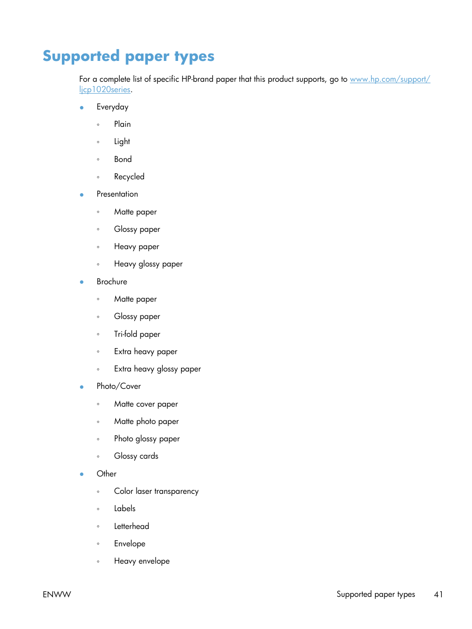 Supported paper types | HP LaserJet Pro CP1025nw Color Printer User Manual | Page 53 / 186