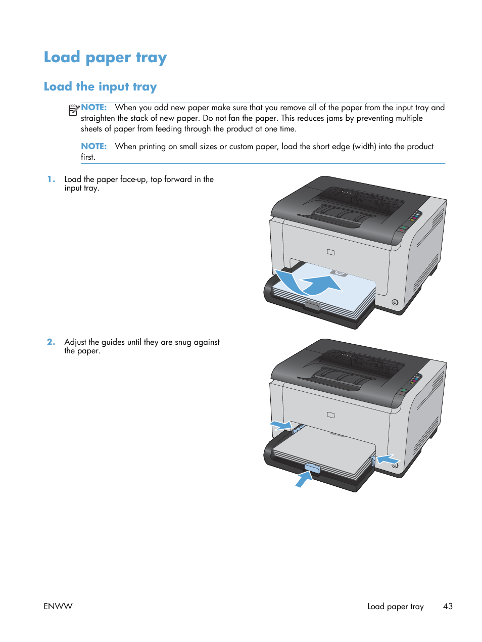 Load paper tray, Load the input tray | HP LaserJet Pro CP1025nw Color Printer User Manual | Page 55 / 186