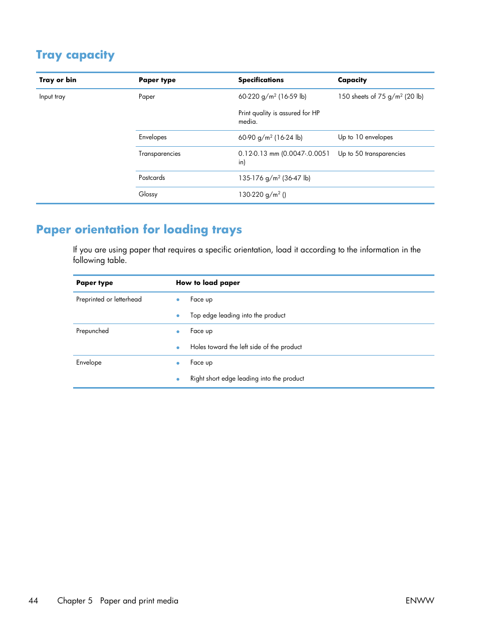 Tray capacity, Paper orientation for loading trays, Tray capacity paper orientation for loading trays | 44 chapter 5 paper and print media enww | HP LaserJet Pro CP1025nw Color Printer User Manual | Page 56 / 186