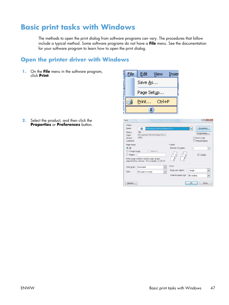 Basic print tasks with windows, Open the printer driver with windows | HP LaserJet Pro CP1025nw Color Printer User Manual | Page 59 / 186