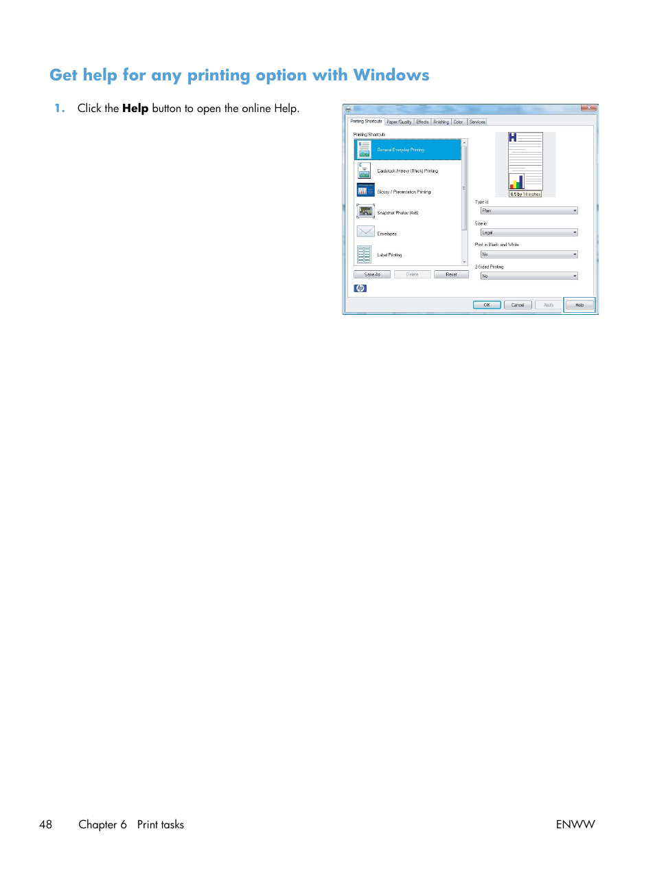 Get help for any printing option with windows | HP LaserJet Pro CP1025nw Color Printer User Manual | Page 60 / 186