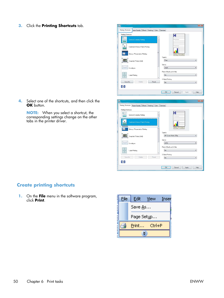 Create printing shortcuts | HP LaserJet Pro CP1025nw Color Printer User Manual | Page 62 / 186